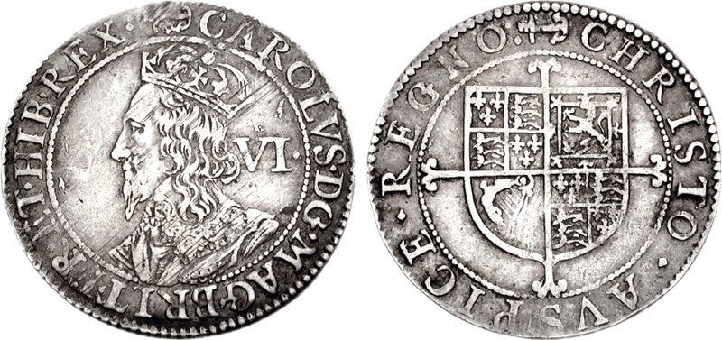 images of the front and back of silver coins with a picture of Charles 1 and writing