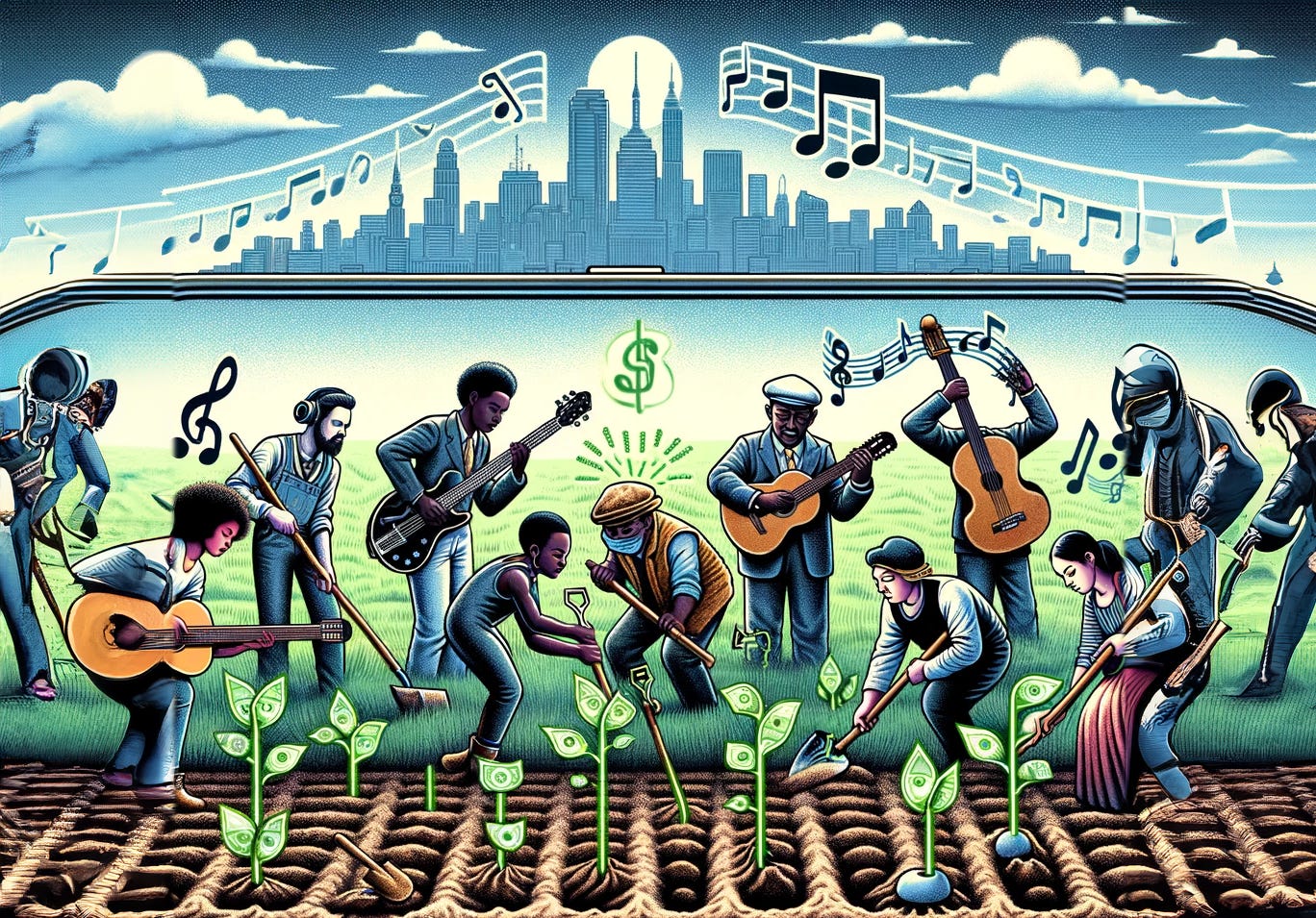 An illustration featuring a group of musicians of diverse ethnicities, including white individuals, cultivating a field.