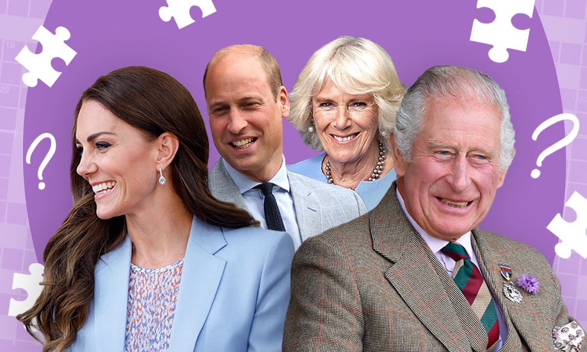 Smiling UK royals against purple backdrop