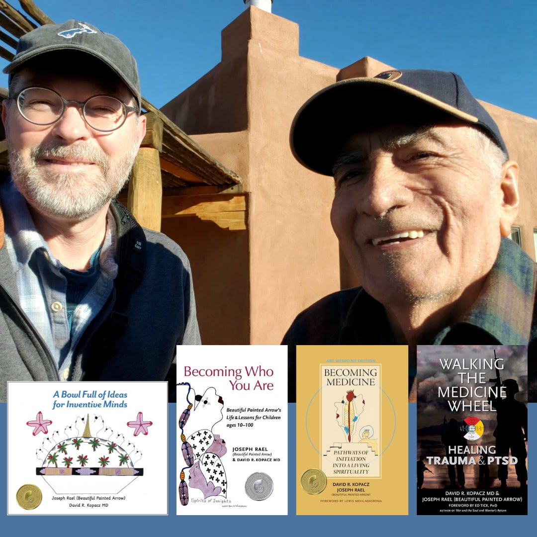 A photo of David Kopacz with Southern Ute elder Joseph Rael (Beautiful Painted Arrow) standing in front of an adobe home and deep blue sky, with images of their four co-authored book covers below. Link goes to David’s website with details about each book.