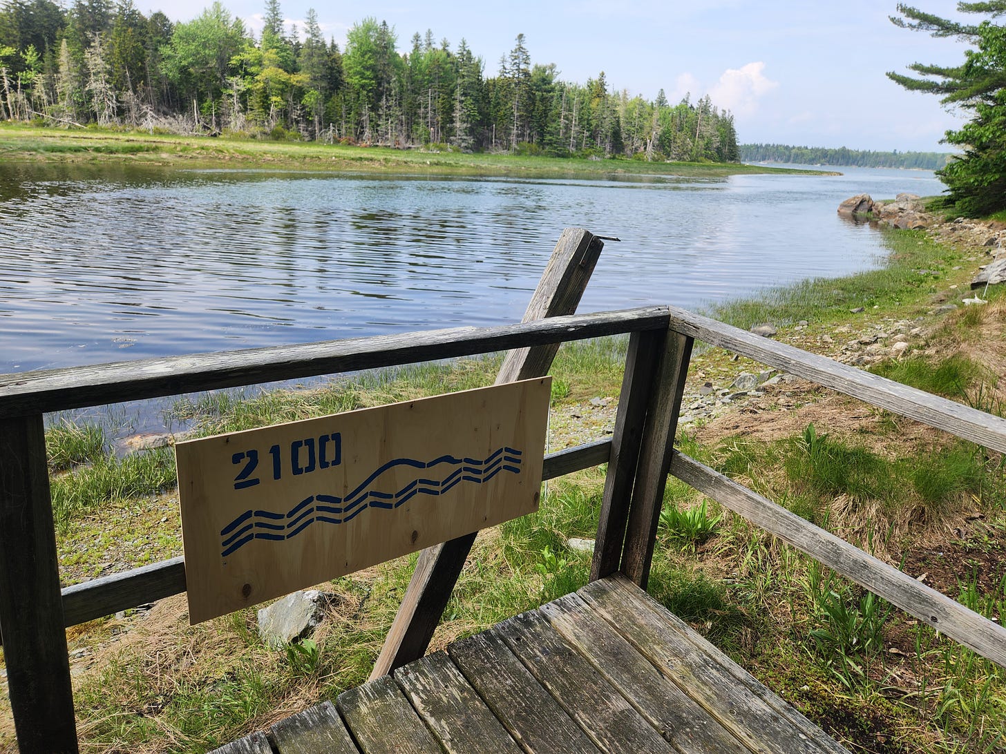 At the edge of a tidal river, a stenciled plywood sign says “2100” and shows three wavy horizonal lines, with the top line bowed upwards. The sign is installed on the railing at the end of a weathered wooden boardwalk overlooking the river.
