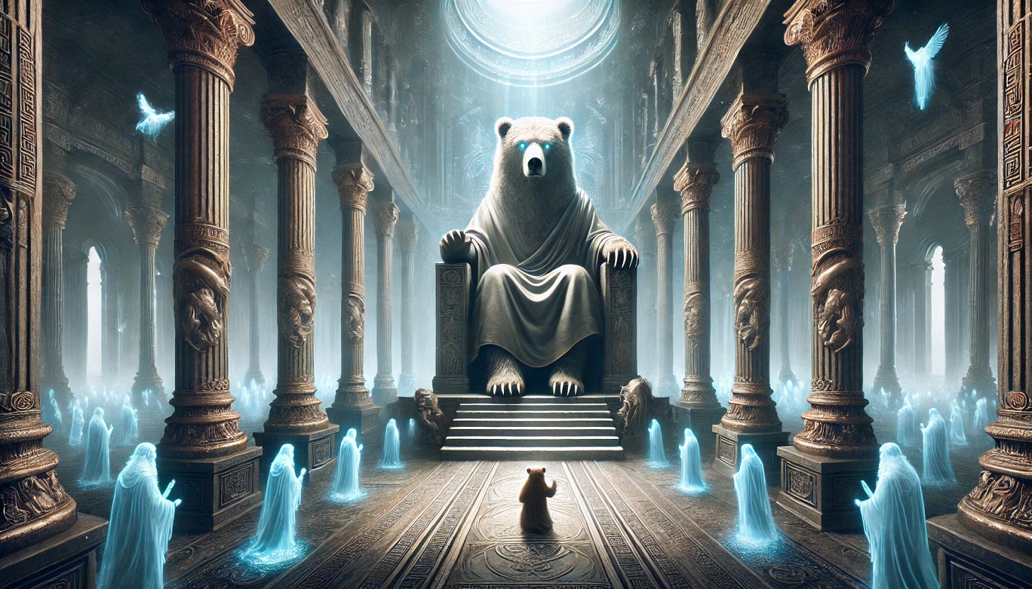 A majestic Kodiak bear, acting as the judge of the dead, sits on a grand stone throne in an ancient, mystical hall. The bear has an aura of wisdom and authority, with glowing eyes that seem to peer into the souls of the departed. The hall is vast, filled with towering pillars and an ethereal light illuminating the scene. Ghostly figures of the deceased stand before the bear, awaiting judgment. The atmosphere is solemn yet awe-inspiring, evoking a sense of cosmic justice.