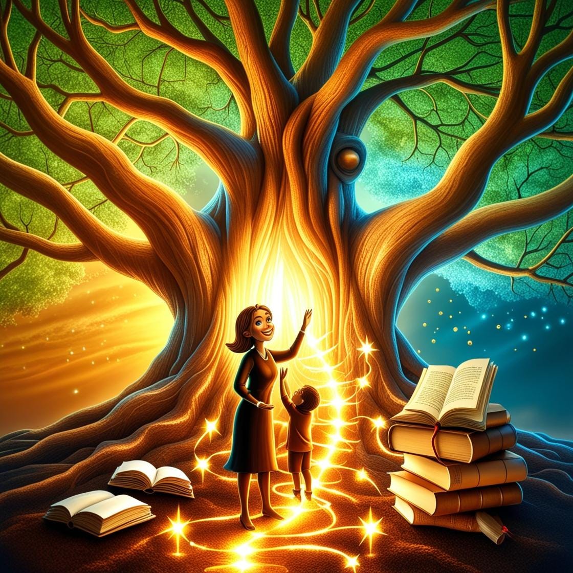  A woman standing at the base of a massive tree, with roots symbolizing knowledge and branches symbolizing progress—and a child reaching up, learning from her.     A glowing pathway of books and ideas leading forward, representing how investing in knowledge accelerates action for future generations.