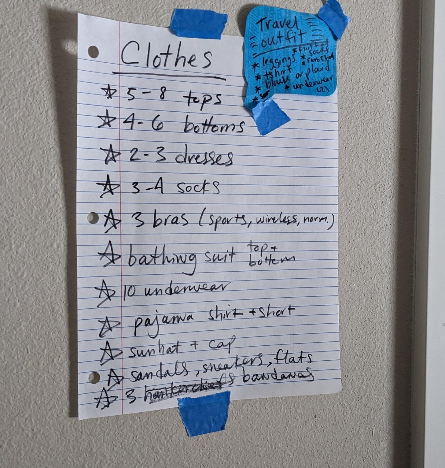 a handwritten list of clothing to pack for a trip