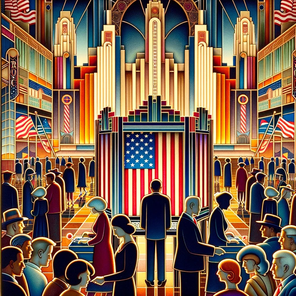 Craft an illustration that combines the art deco and gothic styles, focusing on the theme of American elections. The image should be more abstract and reflect a sophisticated blend of the geometric elegance of art deco with the ornate and intricate details characteristic of the gothic aesthetic. The scene abstractly depicts diverse American citizens, such as a single mother from Scranton, Pennsylvania, Ford factory workers, and college students from Madison, Wisconsin, moving towards a highly stylized, gothic-art deco hybrid voting booth adorned with the American flag. The color palette is rich and deep, incorporating the vibrant colors of art deco and the darker, more mysterious tones associated with gothic art, set against a backdrop of a stylized 1930s American cityscape that merges these two styles.