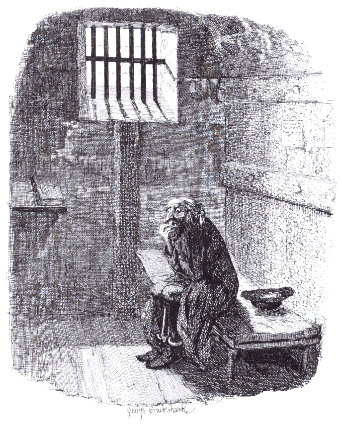 lithograph illustration of a man sitting on a bench in a jail cell 