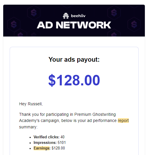 Ad with $128 payout