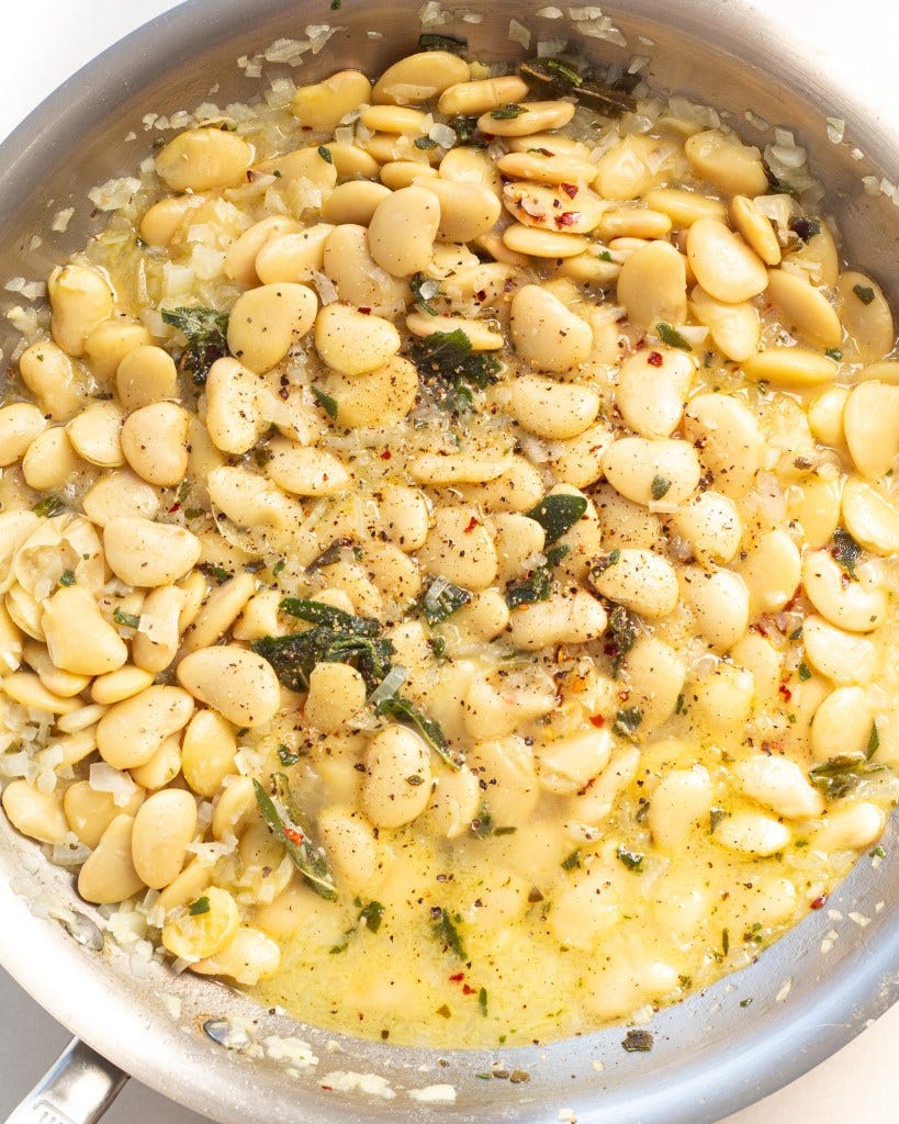 White Wine Beans with Sage & Sweet Potato in pan