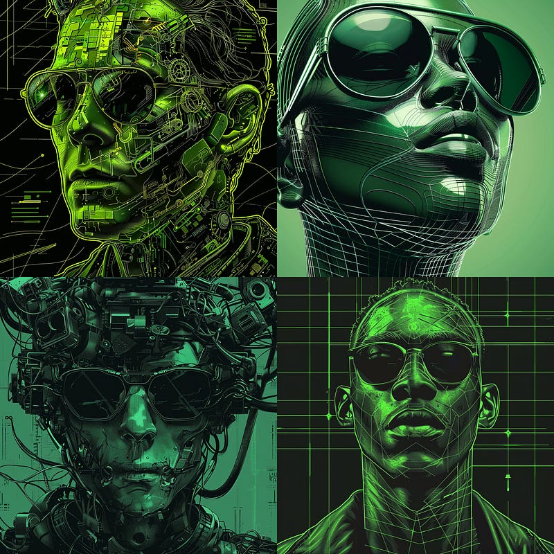 Photographic portrait of dystopic android with sunglasses in green and black tones