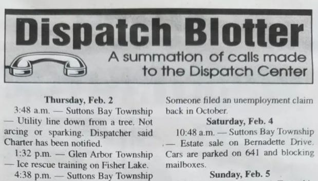 image of a print newspaper with "Dispatch Blotter" at the time