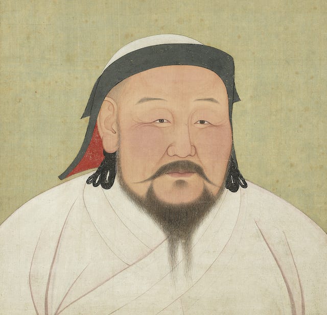 Dipinto in cui Kublai Khan è rappresentato con barba e baffi; indossa un cappello e una veste bianca