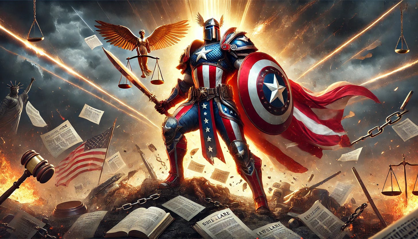 A powerful, patriotic warrior in a heroic battle against symbolic representations of lawfare. The warrior is clad in red, white, and blue armor, wielding a mighty shield emblazoned with a star. He stands defiantly on a battlefield, fending off monstrous entities composed of legal documents, gavels, and chains. The sky is stormy, with rays of light breaking through, illuminating the warrior’s resilience and strength. The scene is dynamic, with dramatic lighting and an epic atmosphere, capturing...