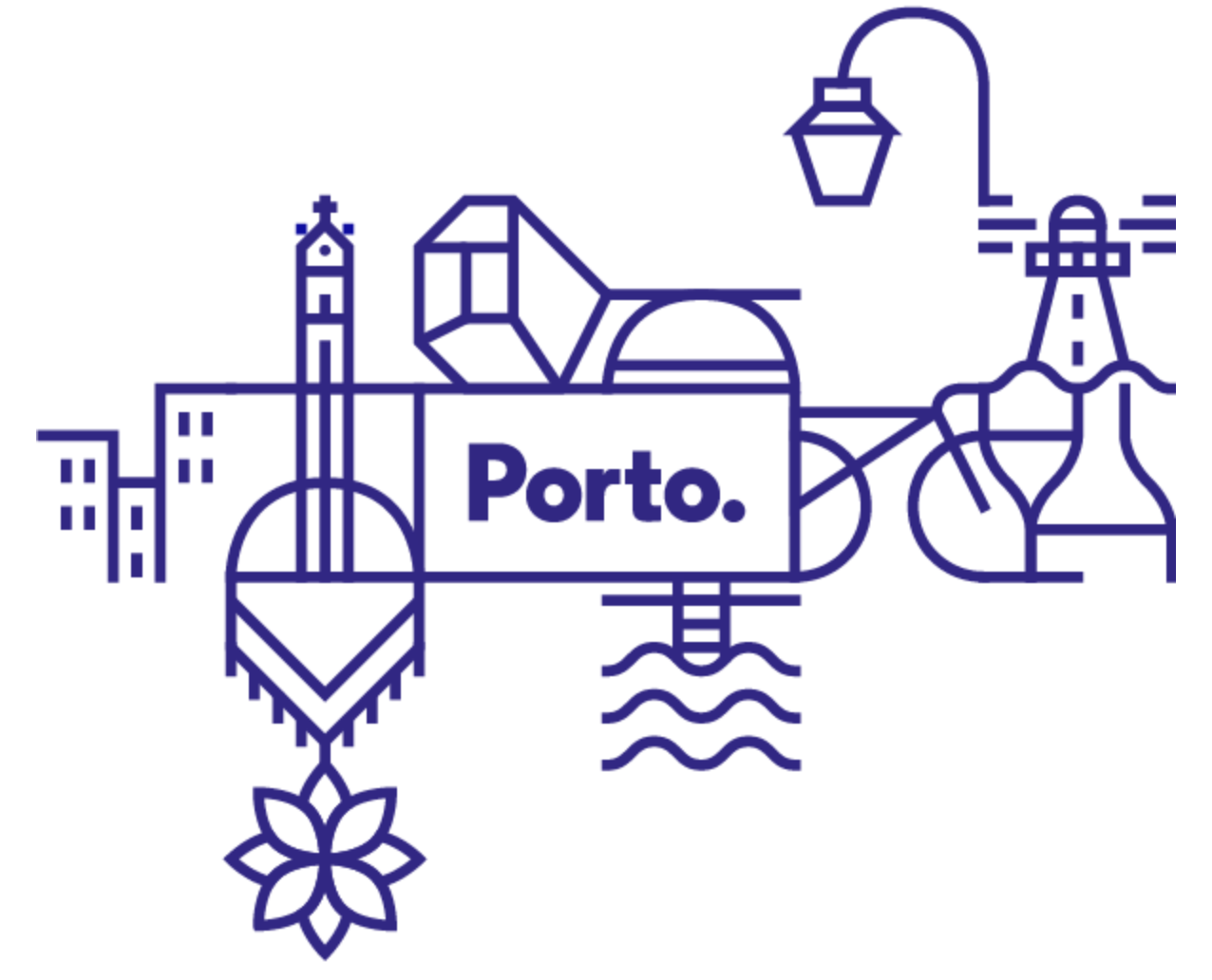 Il logo di Porto: il nome della città, in azzurro marino, è dentro un rettangolo bianco e c'è il punto finale. Intorno al rettangolo, una rete di simboli stilizzati che rappresentano punti caratteristici della città.