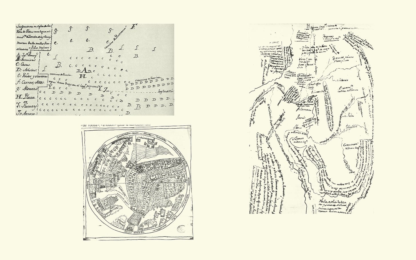 three hand drawn maps. in the first, an alphabetical key is written on the left and the map itself consists entirely of letters written into space. in a second, a circle is split into four quadrants with intricate buildings and landscapes. in a third, swirling text designates what looks like roads and rivers