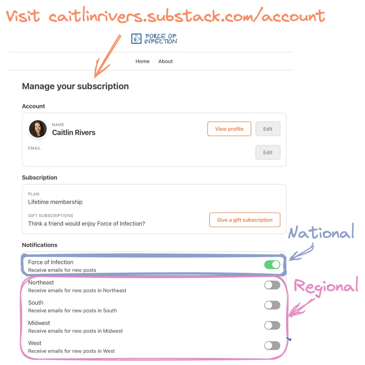 Instructions for signing up to receive regional editions. Visit caitlinrivers.substack.com/account and toggle selections for each region you want to receive.