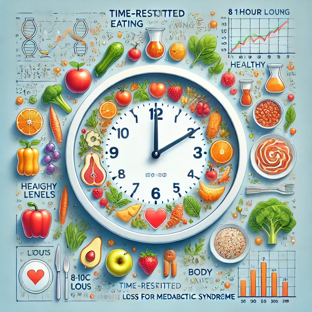 A scientific illustration showing the concept of time-restricted eating for metabolic syndrome. The image should include a clock with an 8-10 hour window highlighted, surrounded by icons representing healthy foods such as fruits, vegetables, and proteins. In the background, subtle imagery of improved health markers like reduced A1c levels, weight loss, and body fat reduction can be represented through simple charts or indicators. The overall color scheme should be bright and clean, conveying health and wellness.