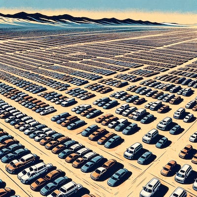 DALL·E 2024-03-08 18.40.07 - Aerial view of a vast desert parking lot, filled with hundreds of thousands of cars neatly arranged in rows, under the scorching sun. The cars, a mixt copy.png