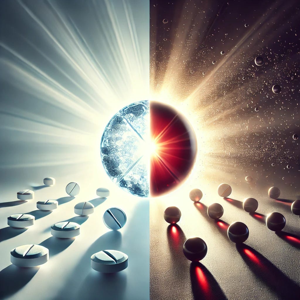 A visually striking image contrasting the effects of aspirin and Tylenol (Panadol). The image should depict a clear, bright representation of an aspirin pill, surrounded by a soft, glowing light that symbolizes health and well-being. On the opposite side, a dark, shadowy representation of a Tylenol pill should be shown, with a sense of danger or toxicity emanating from it. The background should be a gradient from light to dark, emphasizing the stark difference between the two substances. The overall mood should convey the message of health versus harm.