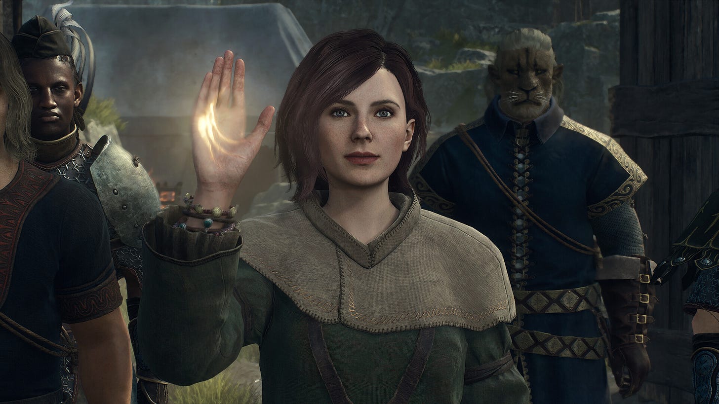 A screenshot from Dragon's Dogma 2 - a female pawn is lifting her hand in greeting, and the hand is glowing. Several other pawns stand behind her.