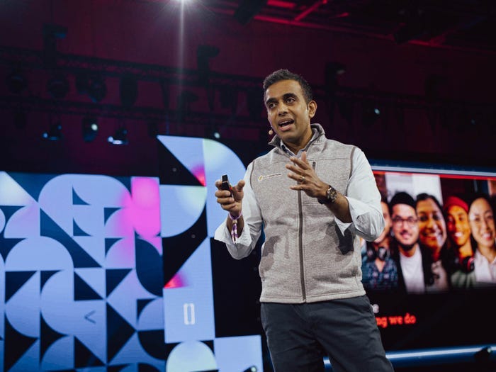 Stack Overflow CEO Prashanth Chandrasekar is shown talking on stage at the WeAreDevelopers World Congress in Berlin in July 2023.