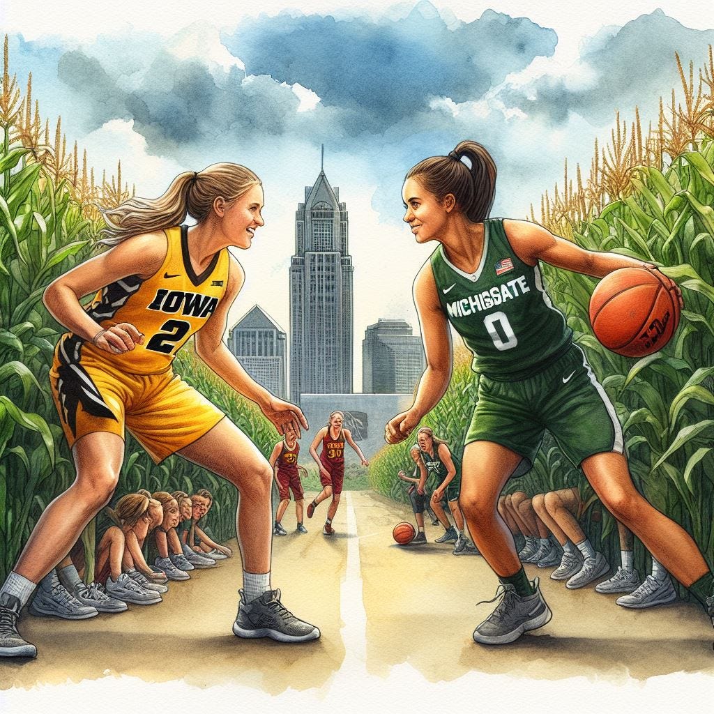 Iowa women's basketball and Michigan State women's basketball playing in the middle of a corn field, watercolor