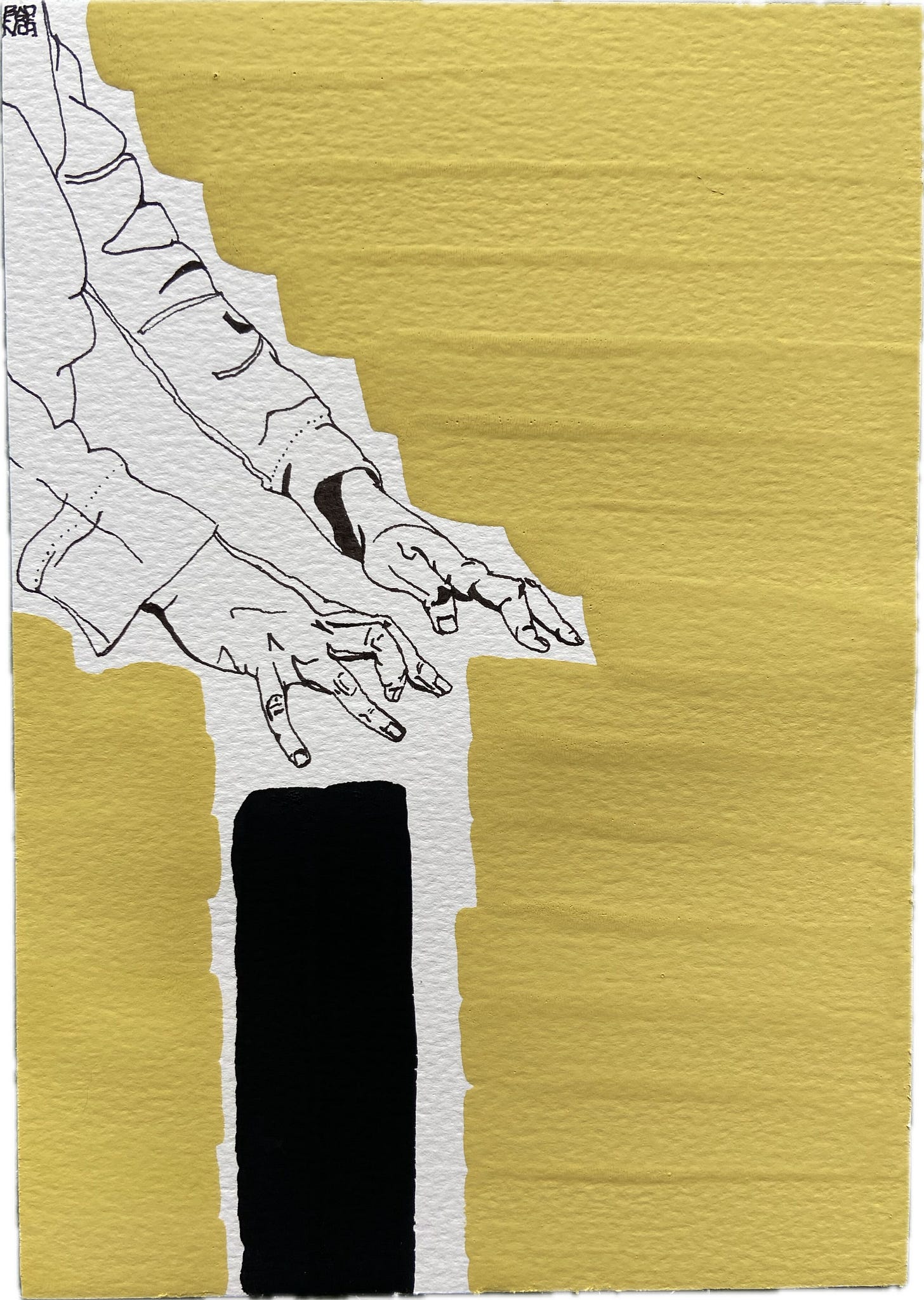 pen and gouache drawing of a child’s hands contorted over a black rectangle, surrounded by yellow horizontal paint strokes