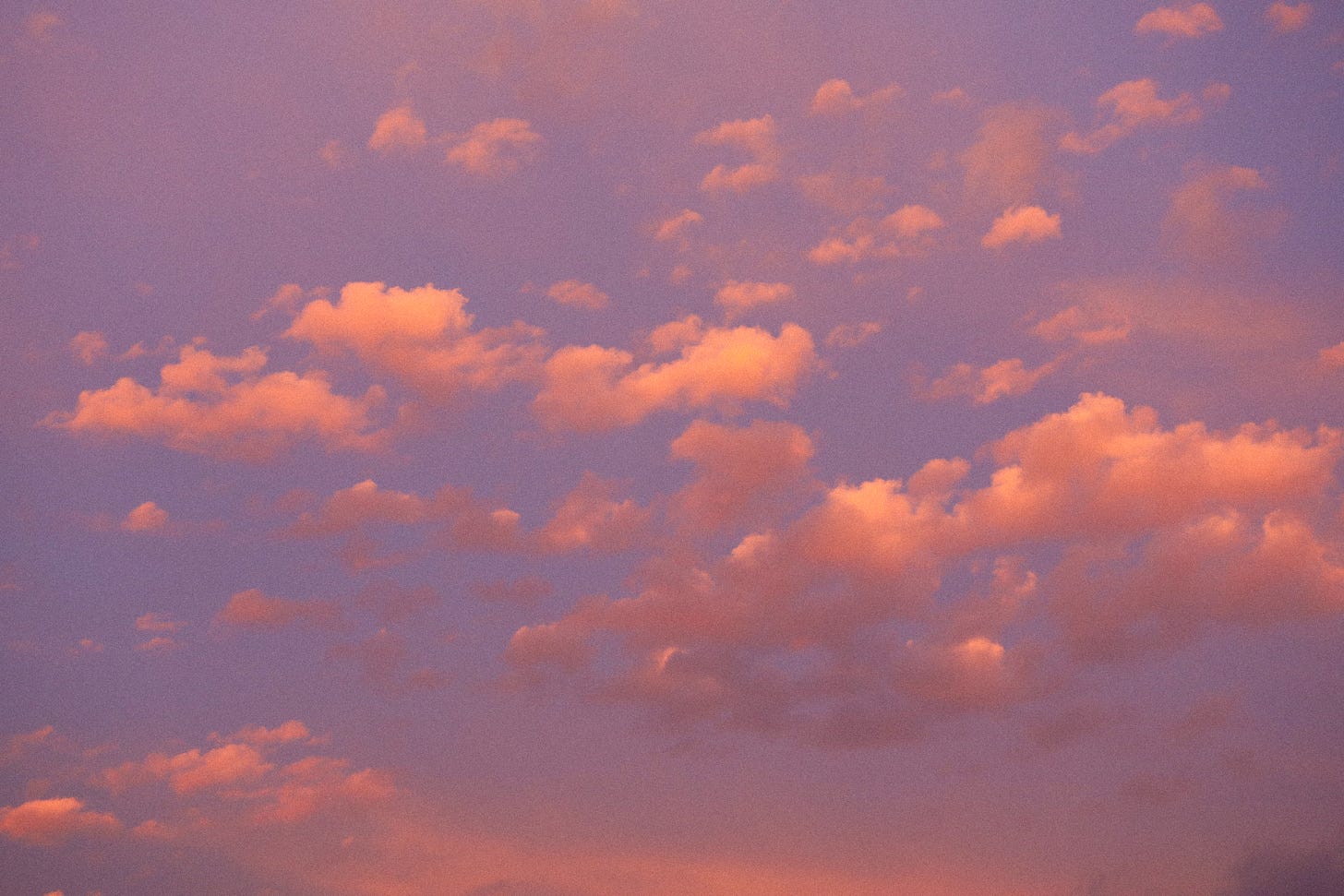 A digital photograph of a purple sky at sunset. Orange and pink clouds float along. Shot by Rachel, 2022