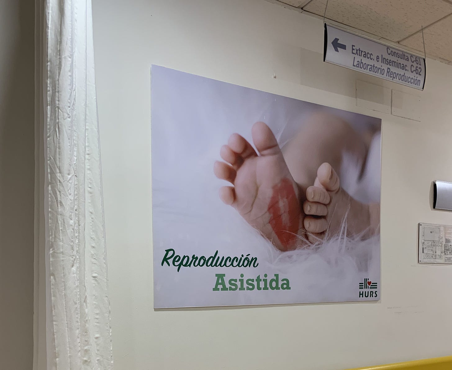 A poster with babies feet and Reproducción Asistida underneath.