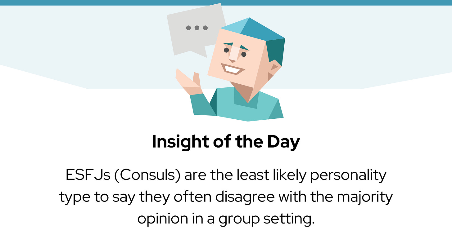 A blue character icon with a speech bubble sits above the text: “Insight of the Day. ESFJs (Consuls) are the least likely personality type to say they often disagree with the majority opinion in a group setting.”