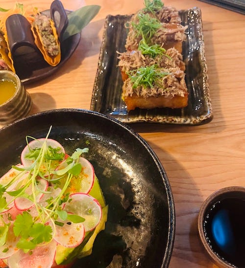 salad, duck crispy rice, wagyu tataki - los mochis notting hill