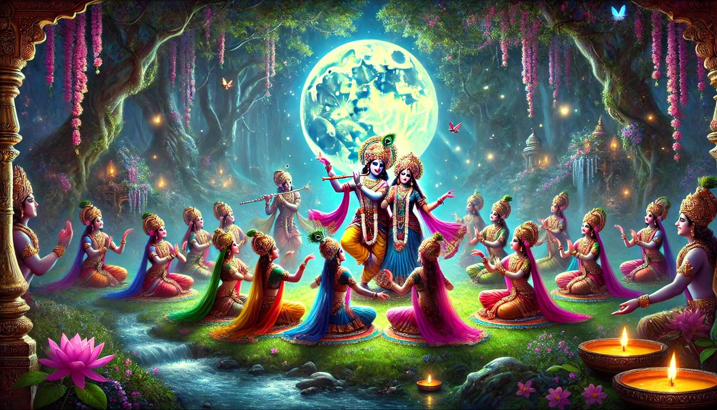 A vibrant and mystical scene of the Rasa Lila, a traditional Indian dance symbolizing divine love, with Lord Krishna and multiple figures of Radha and Gopis (female dancers) in an enchanting circle under a full moon. The setting is a lush forest with flowers and flowing rivers, illuminated by moonlight and fireflies. The dancers are wearing traditional colorful attire, adorned with intricate jewelry, and are in graceful dance poses. The mood is serene, romantic, and spiritual, reflecting the essence of divine love. Soft, ethereal lighting enhances the magical atmosphere.