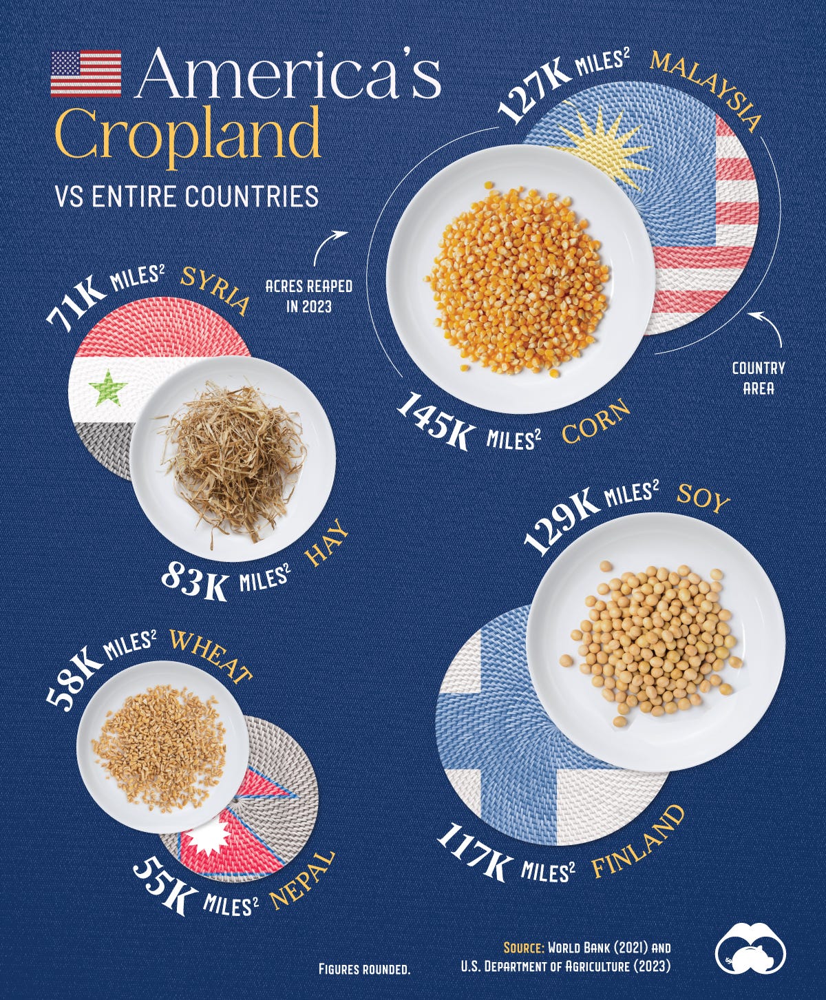 This graphic puts America's cropland into perspective by comparing its area to similarly-sized countries around the world.