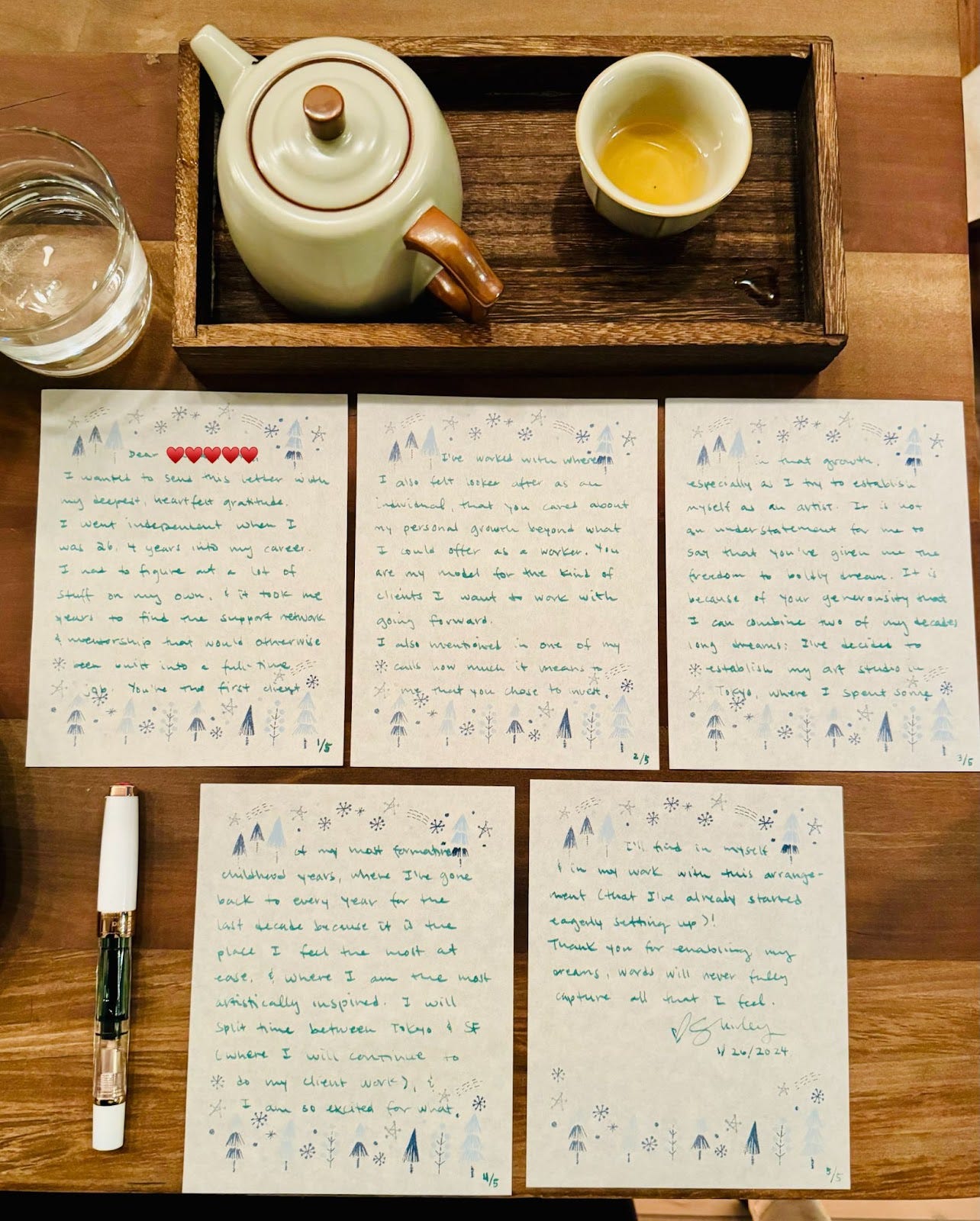 A photo of a tea set and a five page letter that I sent to my client.