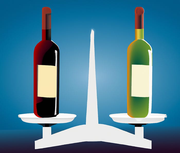 Digital illustration of red wine and white wine bottles balancing each other on a scale.