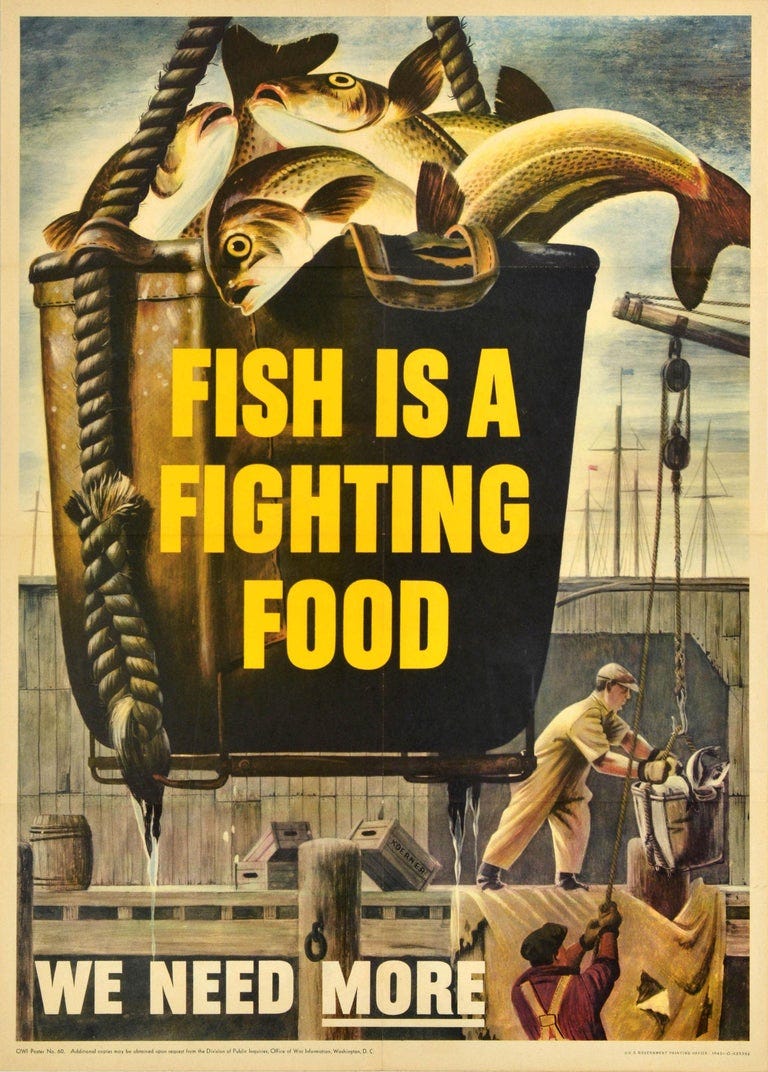 Ukjent - Original Vintage War Home Front Poster Fish Is A Fighting Food Rationing WWII Til salgs på 1stDibs