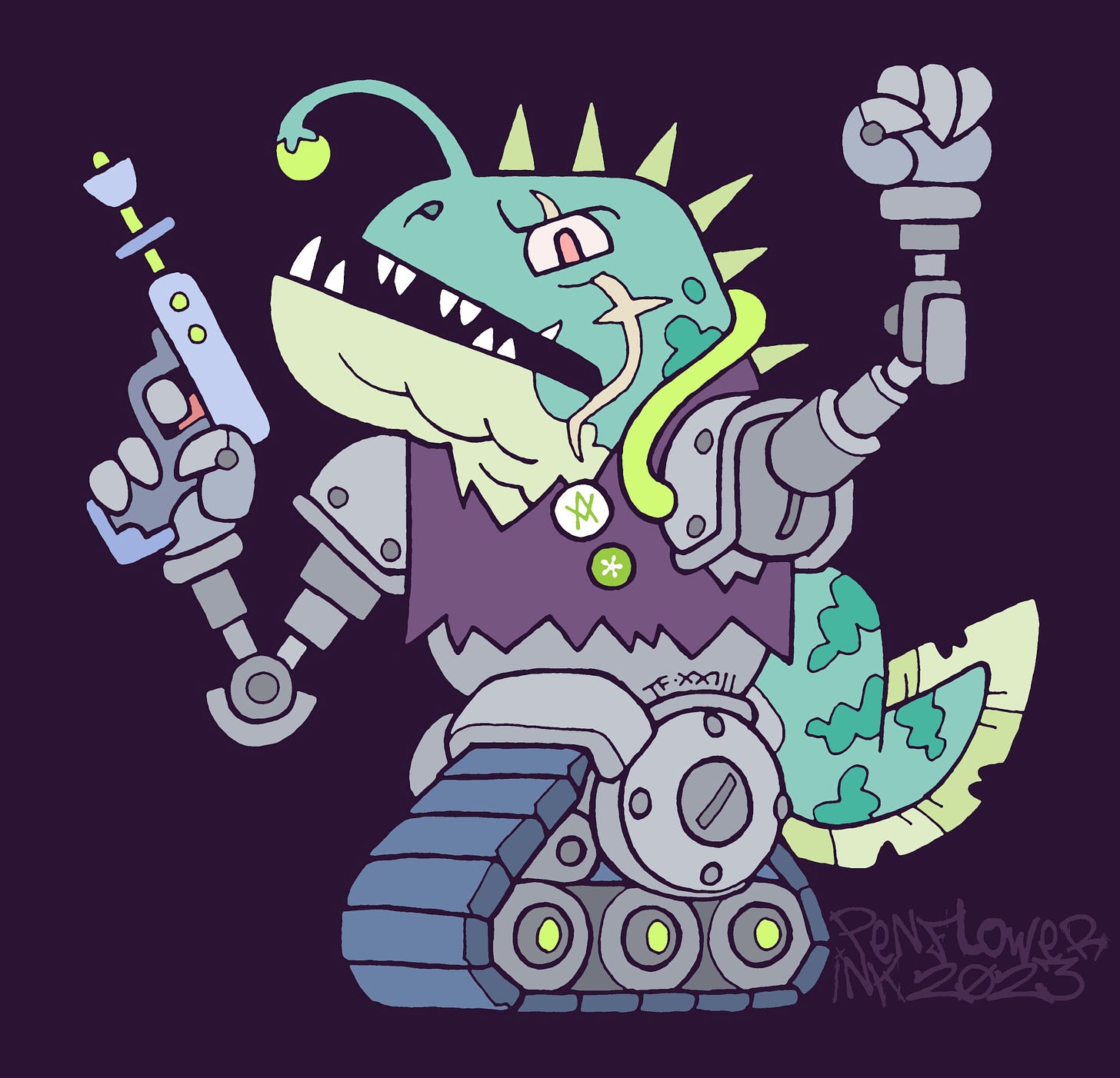 Traditionally hand drawn and digitally coloured illustration of an alien cyborg revolutionary. They have an eel-like body, combined with mechanical arms and tank-like treads. They are wearing a couple of pins on a torn dark vest, holding a laser pistol in their right hand and raising their left fist in the air.
