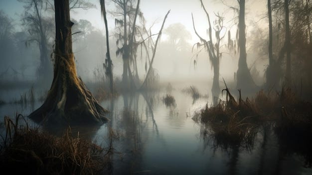 Premium Photo | A foggy swamp with trees and the words swamp on it