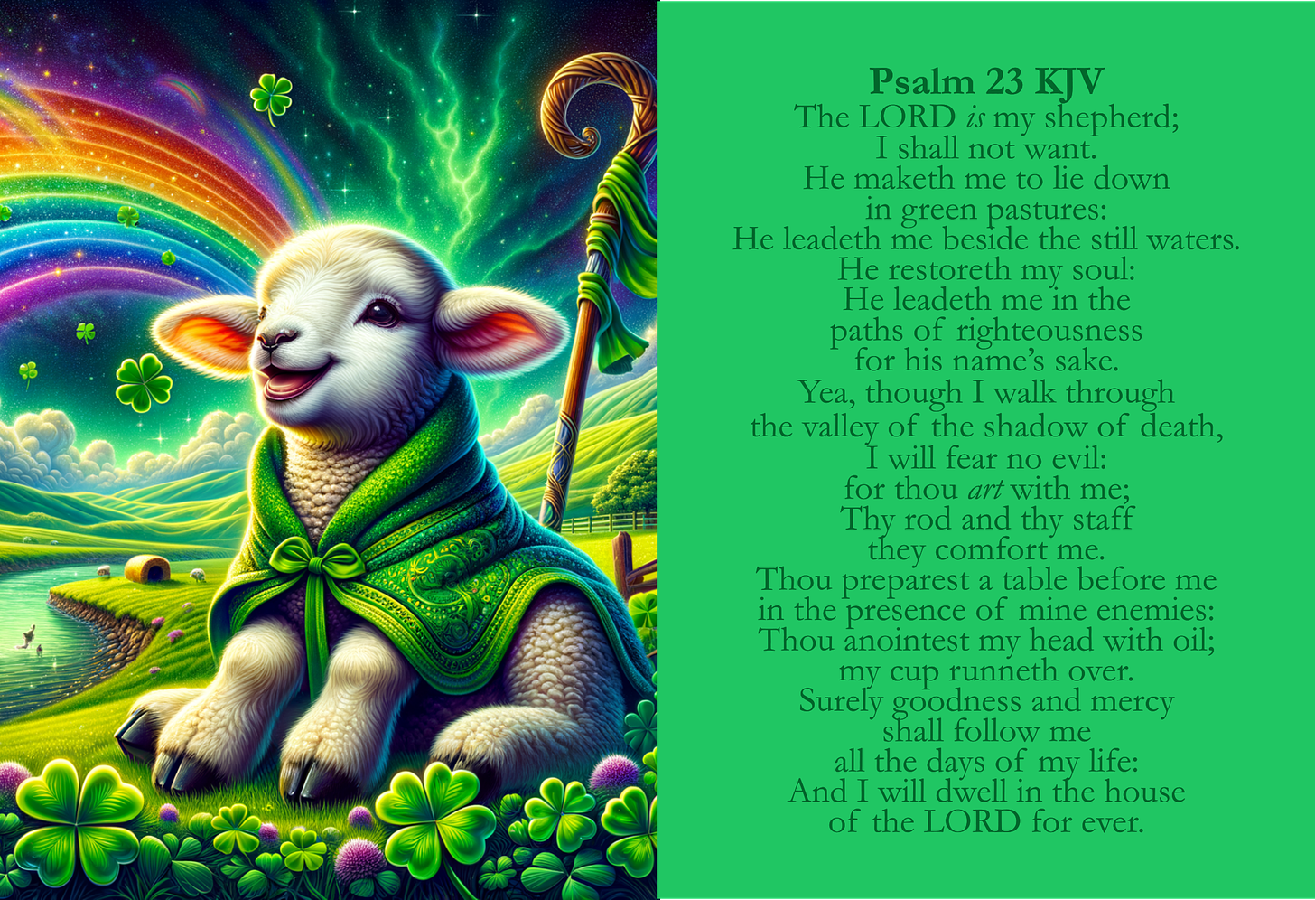 This image is a vibrant and colorful illustration divided into two distinct sections. On the left side, there's a detailed and whimsical portrayal of a landscape with a lamb as the focal point. The lamb is depicted in an anthropomorphic manner, sitting on its haunches with a joyful expression on its face. It has white, fluffy wool and is wearing a green scarf with a bow tied at the front. The scarf has intricate patterns and a texture resembling embroidery.  The lamb is placed on a grassy knoll with various shades of green, dotted with clover leaves and flowers, primarily in the foreground. The background showcases a rolling, idyllic landscape with hills, a clear blue river meandering through the valley, hay bales, and a few trees. Above the landscape, the sky is a tapestry of colors, with aurora-like streams in green, purple, and blue, as well as a rainbow arching across. There are also several shooting stars and a wooden staff with a curved top to the left of the lamb, adorned with similar green and golden patterns as the scarf.  On the right side of the image is a block of text, set against a deep teal background. It's the text of Psalm 23 from the King James Version (KJV) of the Bible, written in a formal and elegant font in a lighter teal color, which provides good contrast and readability. The text is arranged in a justified alignment and maintains a balanced layout, with appropriate spacing between lines and paragraphs for clarity.
