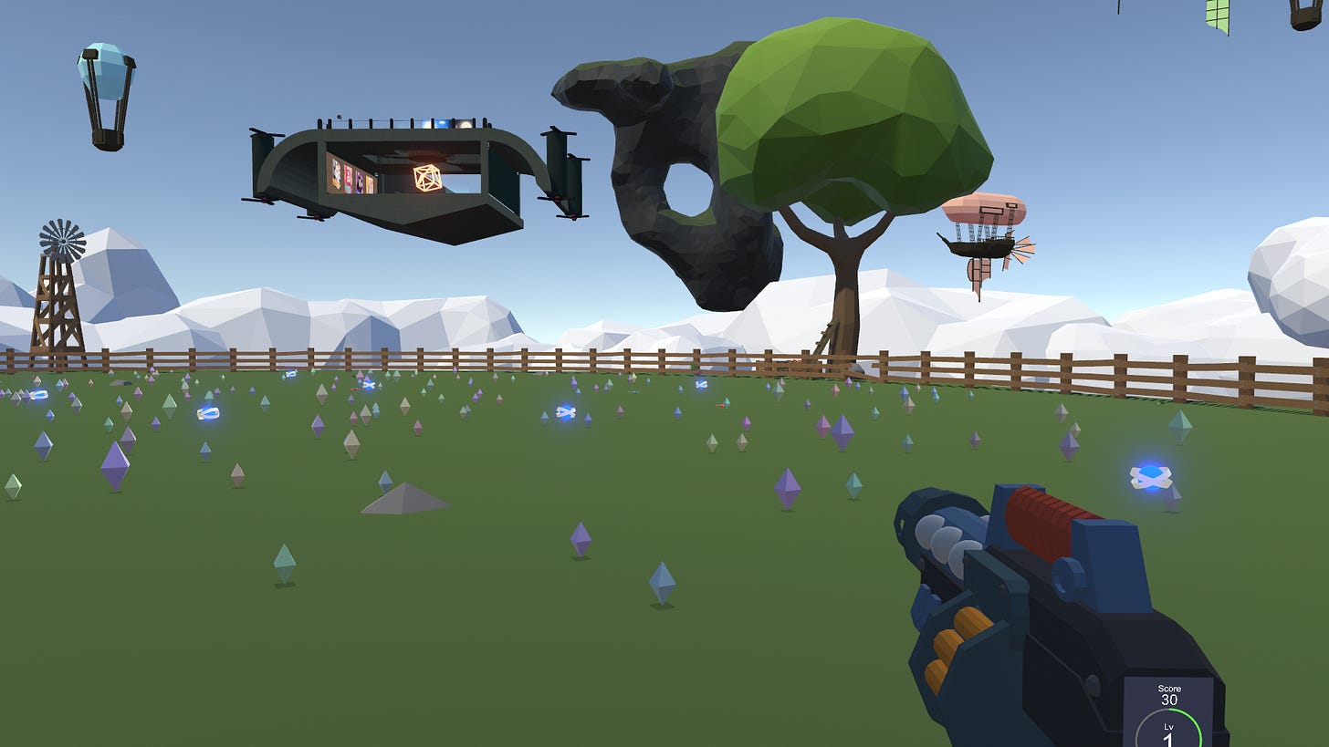 A green pasture surrounded by wooden fencing floats in the sky. Gems are spread out on the grass. A gun can be seen at the edge of the screen.