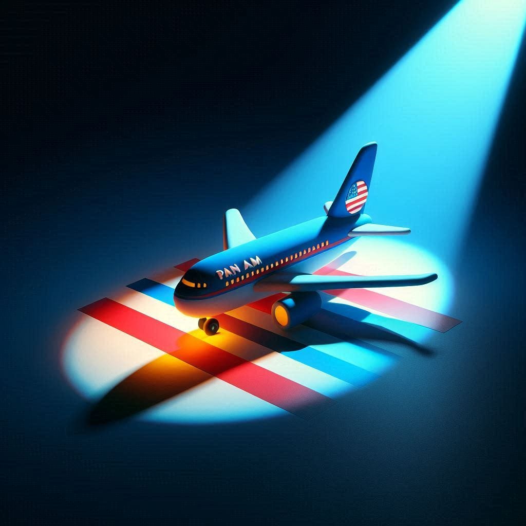 Pan Am Airlines - in Claymation  - Using bright colours - minimalist image - Smooth Image - with 3d Effects with light projecting from the top in a dark room