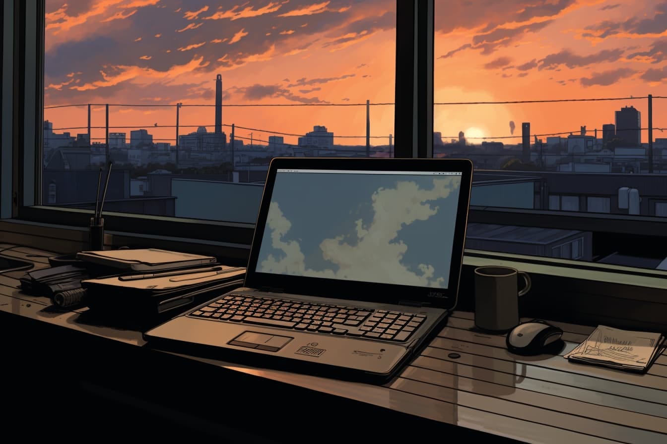 graphic novel illustration of a laptop open on an employee's desk. through a window we can see that it's a cloudy day