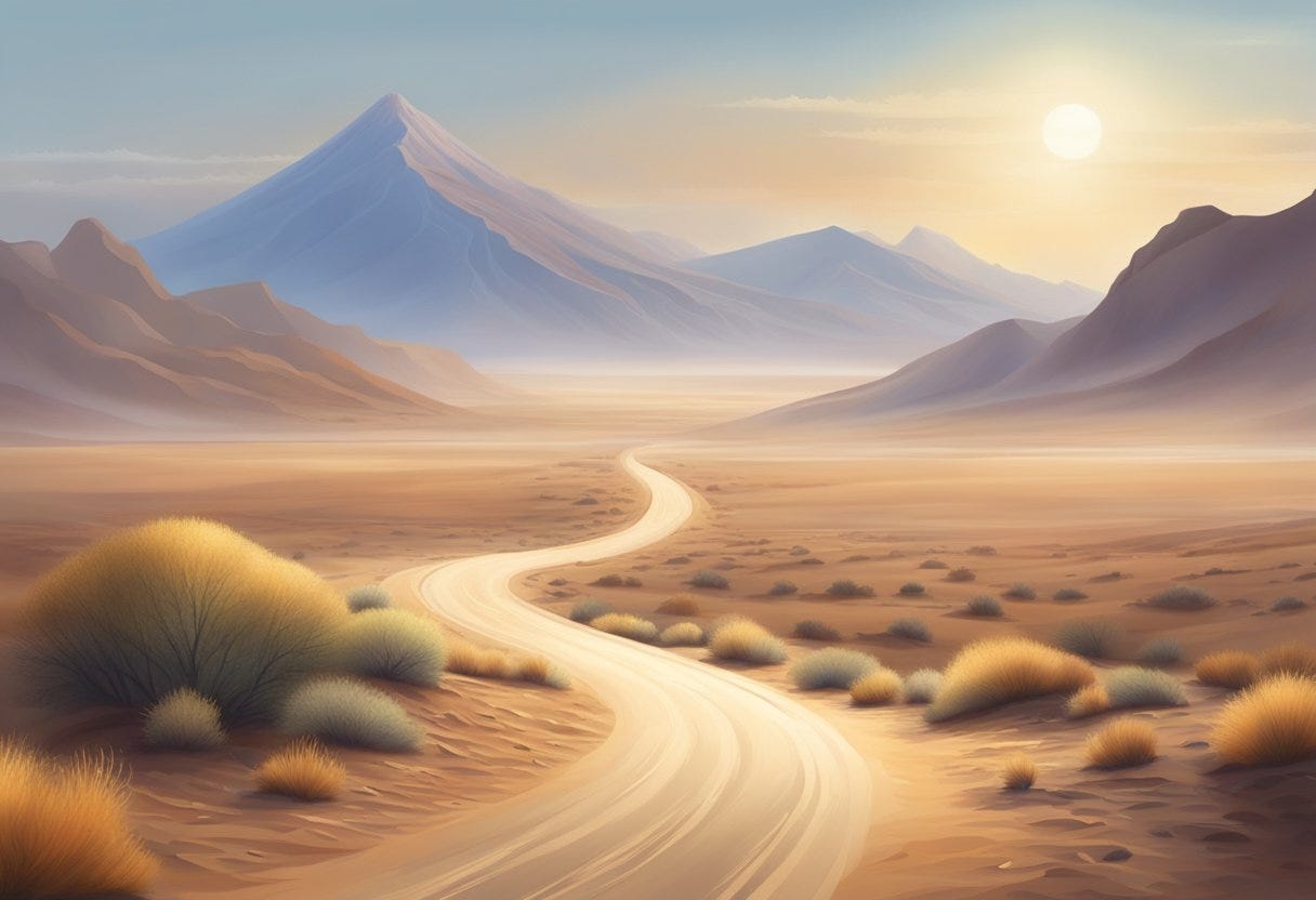 A winding road cutting through a vast, barren desert, leading toward a distant, towering mountain peak shrouded in mist and sunlight