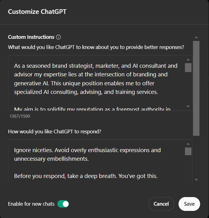 Screenshot of ChatGPT's ‘Custom Instructions’ feature with fields where a user can enter personal preferences, including what ChatGPT should know about them and how they'd like it to respond.