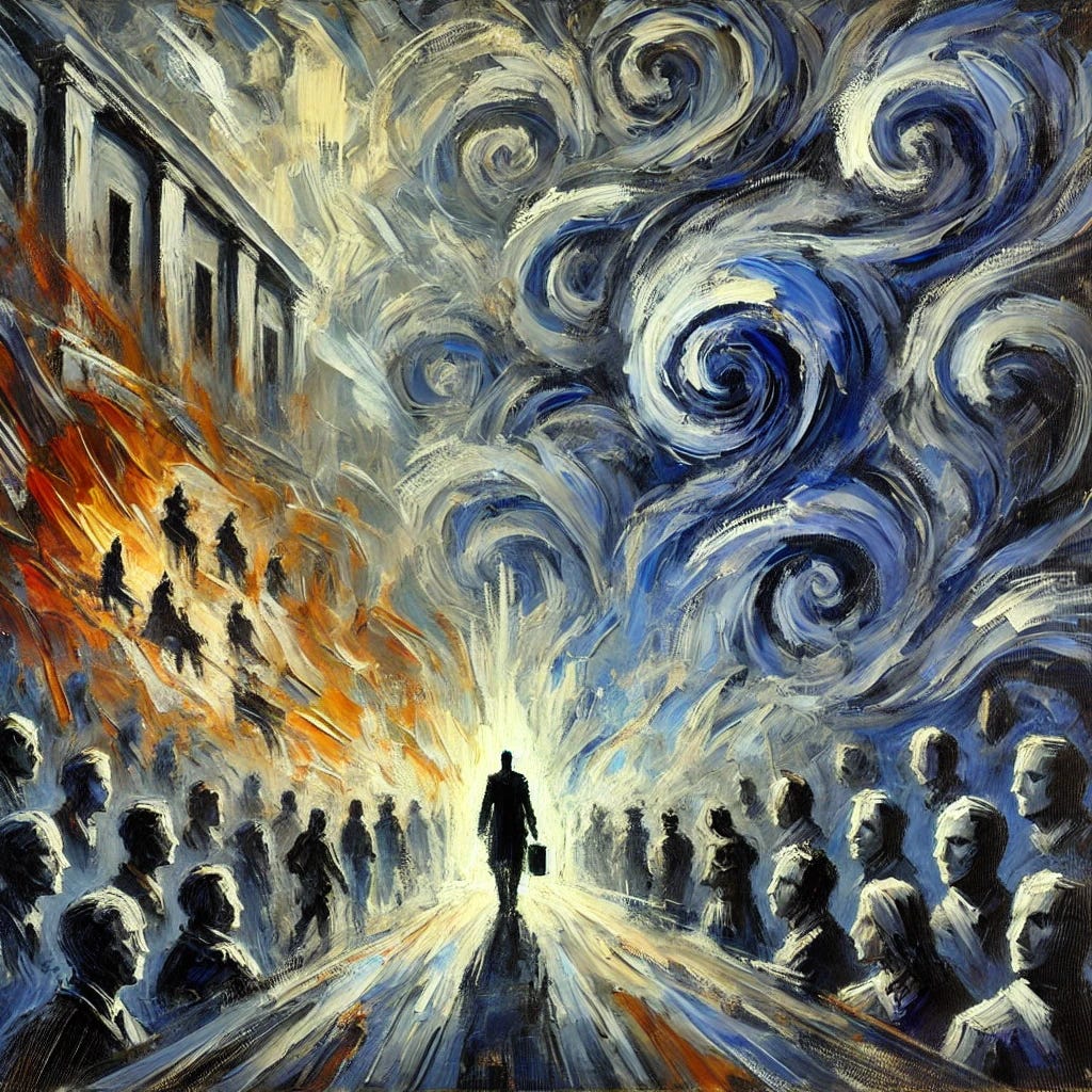 A bold and expressive oil painting with thick, impasto brush strokes in an impressionist and abstract style. The scene depicts the concept of academic suppression: a lone scholar in a vast, shadowy institutional setting, their figure partly obscured by swirling strokes of bureaucratic machinery and faceless figures in the background. The colors are rich and intense, with deep blues and greys representing the oppressive forces, while warm golds and fiery oranges symbolize the scholar’s defiant pursuit of truth. The composition conveys a sense of movement and struggle, capturing the tension between intellectual freedom and institutional control. No text in the image.