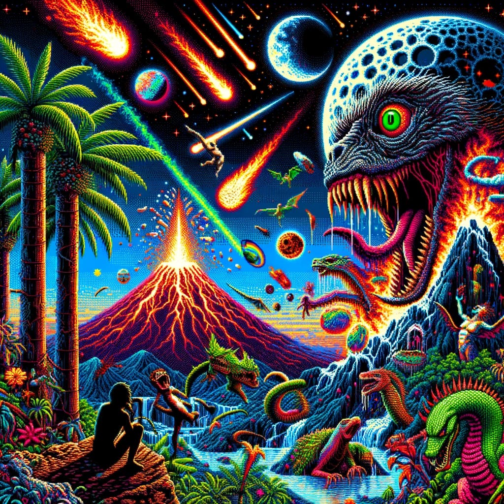 Create a single image that looks like it was programmed by a despondent Japanese man who has received apocalyptic eschatological visions, causing him to lose his mind entirely. The scene includes a demented evil crescent moon, an erupting volcano, tropical plants, night-time setting with shooting stars, comets, and the more colorful reptilian lizard-gods. The style should reflect a descent into madness, with chaotic, surreal, and vivid imagery, blending elements of apocalypse and fantasy. The overall composition should be intense and striking, using a jaggy pixelated, retro video game aesthetic to convey the sense of a fractured and chaotic mind.
