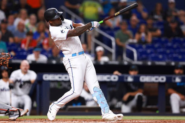 Jorge Soler of the Miami Marlins at bat against the New York Mets during the first inning at loanDepot park on September 19, 2023 in Miami, Florida.