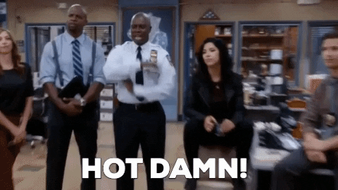 A gif from Brooklyn99 of Captain Holt thrusting his arm out excitedly and saying, "Hot damn!"