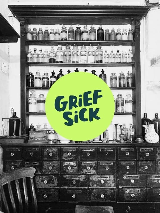 A black and white photo of a Regency era apothecary, with a wooden cabinet with glass bottles lining it. There's a green and dark blue GriefSick logo stamped over the top