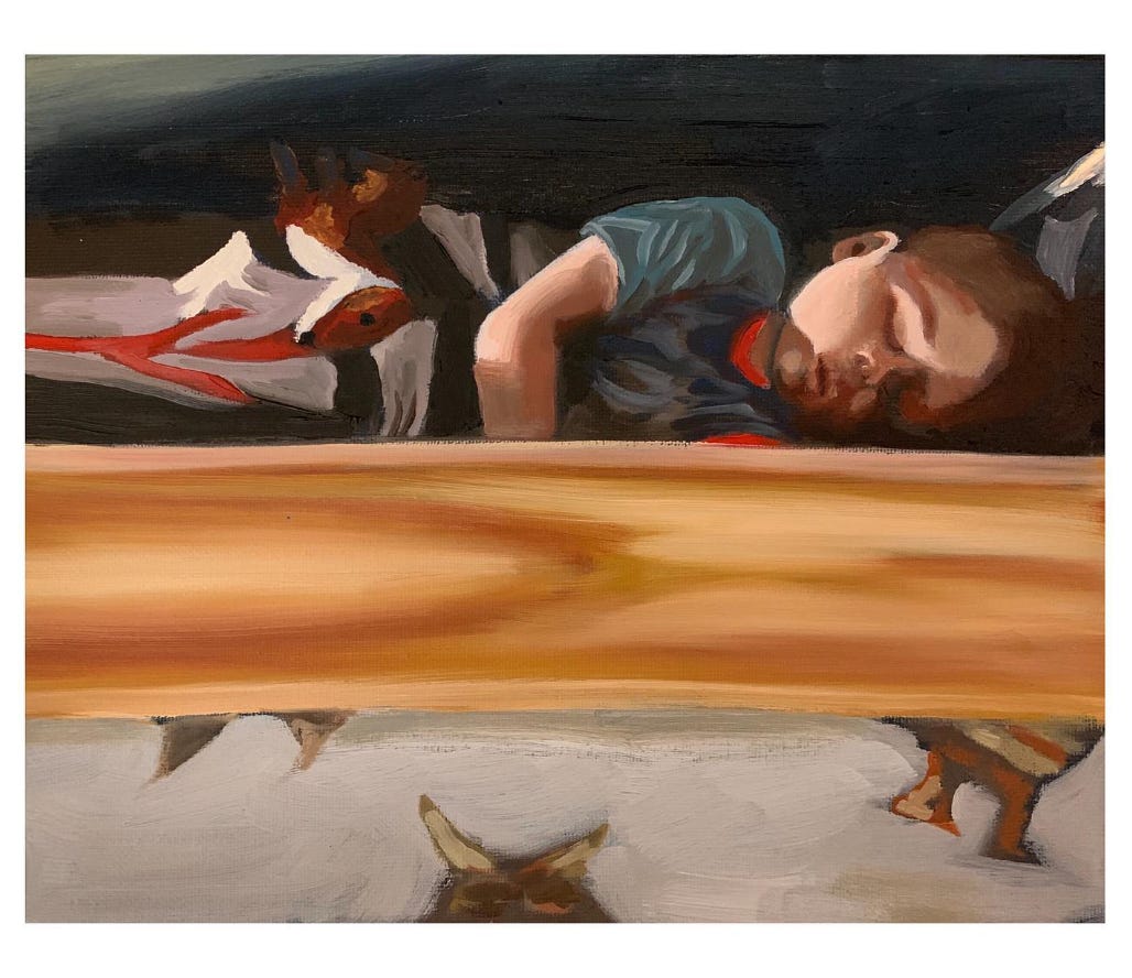 Sleep, by Janet Manley; a painting of a child asleep in his bed with a fox and Wild Things peeking out on the bottom sheet