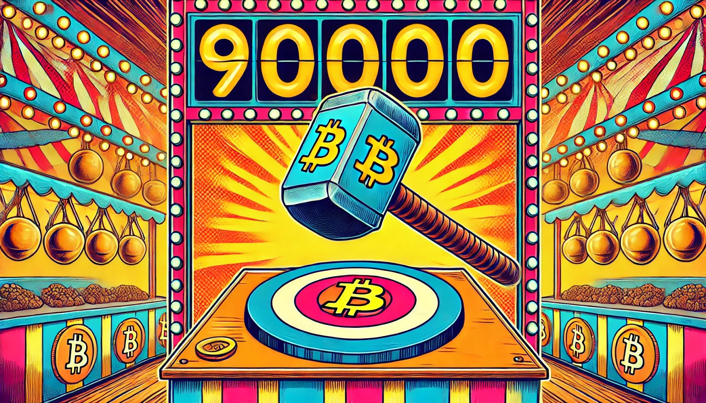 A vibrant pop-art style illustration in a rectangular format. The scene depicts a carnival strength tester game at a fair, where a large hammer labeled with the Bitcoin symbol strikes a target. Instead of a bell, the top of the tester displays '90,000' in large, prominent numbers, highlighting a new record high. The background is filled with festive lights and colors typical of a fairground, adding a sense of excitement and celebration.